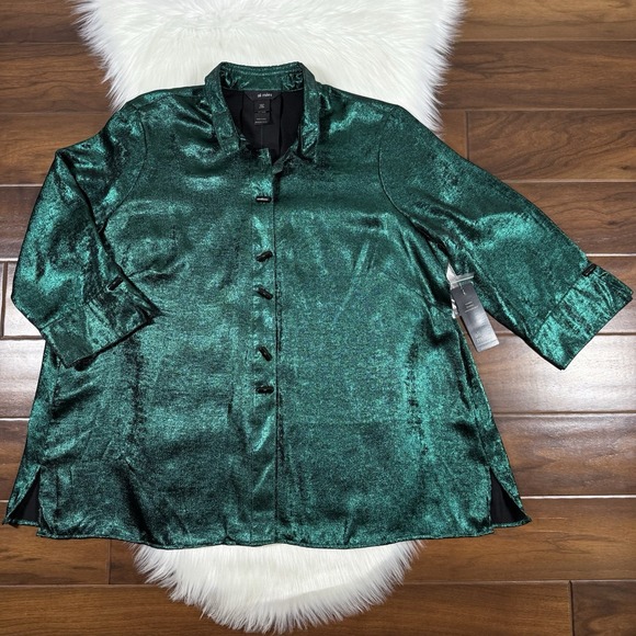 Ali Miles Tops - Ali Miles Women's Size 1X Green Shimmer Wired Collar Button Up Tunic Top Shirt